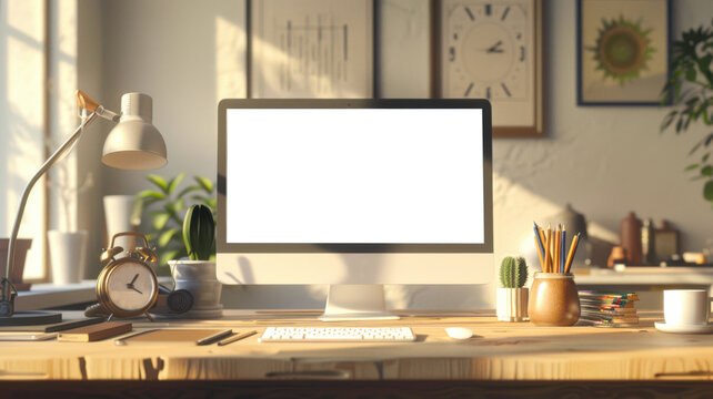 A mockup of a computer monitor. A computer monitor with a clock and potted plants is installed on a wooden table. The table is filled with various objects