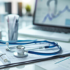Digital Stethoscope: Close-Up on Doctor's Desk, Soft Focus on Modern Device with Medical Charts in Background