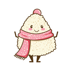 Cute Onigiri Rice Japanese Food Cartoon Character Wearing Pink Shawl with Smile Expression