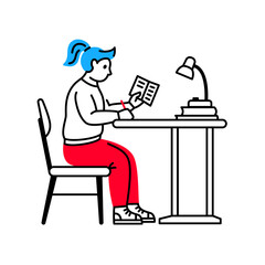Woman is sitting at a table, holding a book and writing something