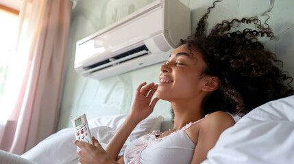 Young Woman Enjoying Cool Air Comfortable Bedroom Air Conditioning