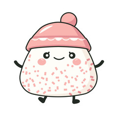 Cute Onigiri Rice Japanese Food Cartoon Character Wearing Pink Hat with Smile Expression