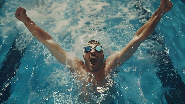 Swimmer Victory Celebration Water Pool Triumph Excitement Energy Strength