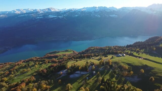 Drone Aerial Flight Over Switzerland Lake