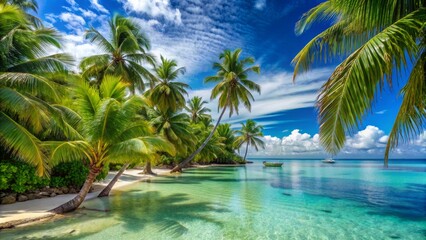 Obraz premium Tropical Paradise Palm Trees, White Sand Beach, and Crystal Clear Water