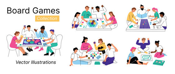 Vector illustration set of people playing boardgames. Friends, families enjoying card game at the table. Children, adults, elderly cartoon style characters. Fun leisure time, bonding and entertainment