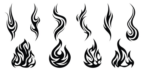 Silhouette Fire flames. Old school tattoo neo-tribal style or silhouette flame for cars. set vector icons. Fire sign. Fire flame icon isolated on white background. Vector illustration	