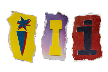 I alphabet torn from a magazine paper. Ransom note style letters.