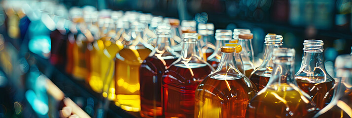 close up of multiple glass bottles with brown and yellow liquid on display at market, generative AI