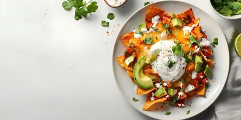 Overhead shot of chilaquiles with avocado and sour cream on white backdrop. Concept Food Photography, Mexican Cuisine, Overhead Shot, Chilaquiles, Avocado, Sour Cream, White Backdrop