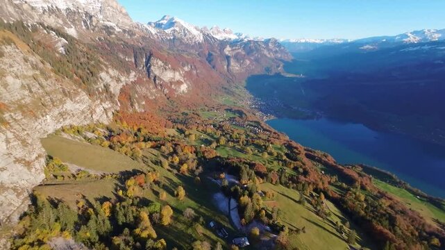 Drone Aerial Flight Over Switzerland Lake