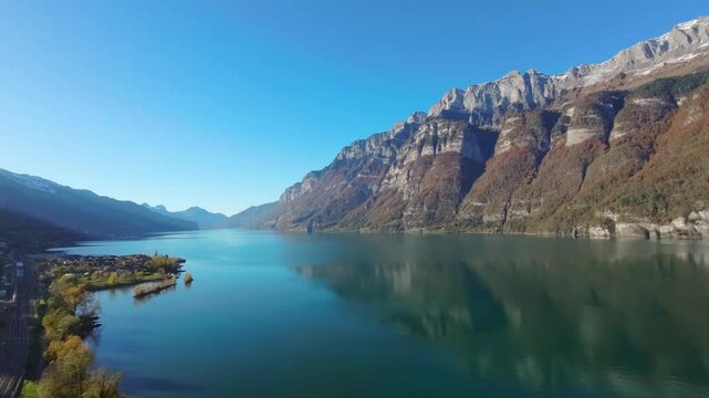 Drone Aerial Flight Over Switzerland Lake