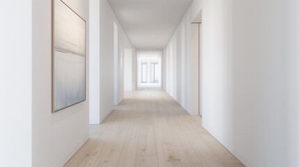 A hallway with white walls, light wooden flooring, and a single piece of art