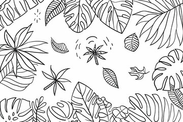 A collection of simple, hand-drawn black and white tropical leaves, creating a minimalist and modern pattern