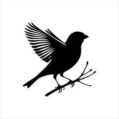 Obraz premium Black silhouette of finch on branch white background. Finch icon flat vector illustration design.