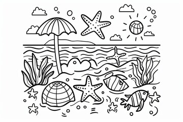 Naklejka premium A black and white illustration featuring a beach scene with an umbrella, sun, waves, seaweed, shells, and starfish