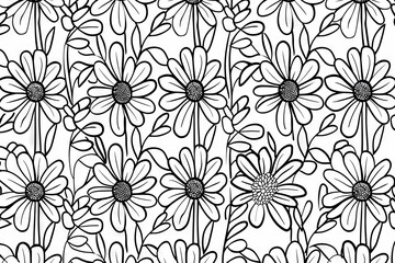 Obraz premium A seamless pattern of black and white daisies and leaves, creating a beautiful and intricate design