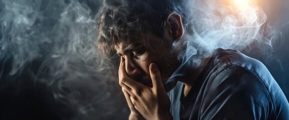 A Conceptual Design Of A Young Man Feeling Bad Because Of Smoking, Illustrating Addiction And Its Consequences,High Resolution, Ultra HD