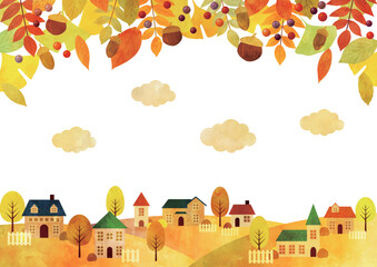 秋、紅葉、街並み、村、かわいい、イラスト、背景、横 © nana10n no AI