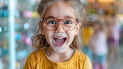 Happy Child Glasses Excited Expression Indoor Bokeh Background