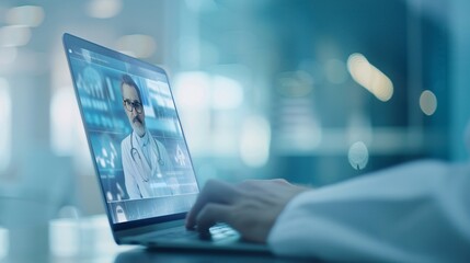 A doctor using a laptop for a virtual consultation, captured in a documentary photography style, showing the everyday life of medical professionals, realistic and raw