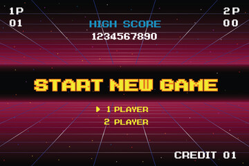 START NEW GAME play .pixel art .8 bit game. retro game. for game assets in vector illustrations.