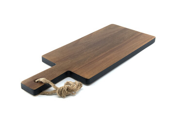Wooden cutting board with handle and rope isolated on white background