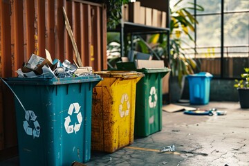 Recycling bins. Colorful trash cans in a row in the city. Recycling concept.