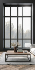 Fototapeta premium Luxury apartment interiors in dark contrasting colors with a a window, a coffee table and minimal furniture arrangements. Premium Real Estate property concept image.