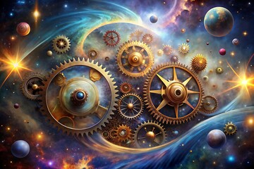 Surreal cosmic landscape with swirling clockwork gears, nebulae, and portals blending dimensions, where seconds and miles converge in a mesmerizing dance of infinite possibilities.