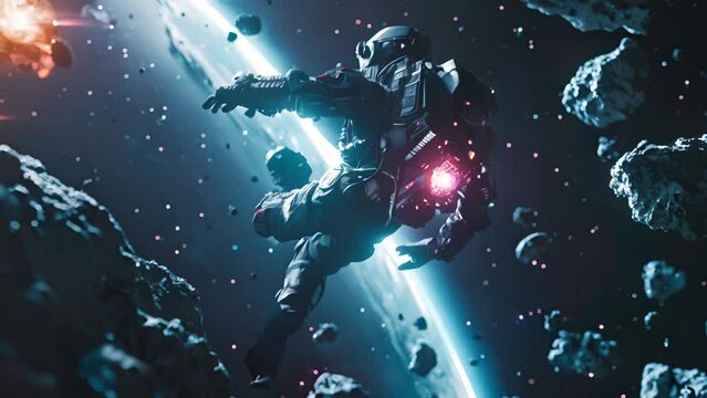 Astronaut with jetpack hurtles through the asteroid belt