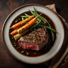 realistic image of a medium rare steak, served with mesh potatoes, sliced ​​carrots, green beans and drizzled with black pepper sauce. You could see smoke still coming out of the steak.