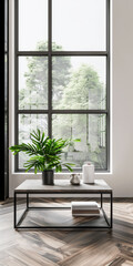 Fototapeta premium Luxury apartment interiors in dark contrasting colors with a a window, a coffee table and minimal furniture arrangements. Premium Real Estate property concept image.