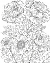 A close-up view of a delicate bouquet of blooming flowers, drawn in line art style