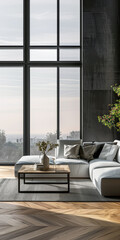 Fototapeta premium Luxury apartment interiors in dark contrasting colors with a a window, a coffee table and minimal furniture arrangements. Premium Real Estate property concept image.