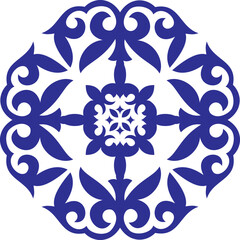 Geometric Islamic Seamless Pattern Arabesque blue and white. Vector. Kazakh national ornament. Detail and element for design and postcards, Sandblasting, ceramic, patchwork, Borders and frames. 