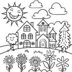 Fototapeta premium A charming cartoon village nestled in a sunny landscape, featuring a cheerful sun, flower gardens, and a small tree