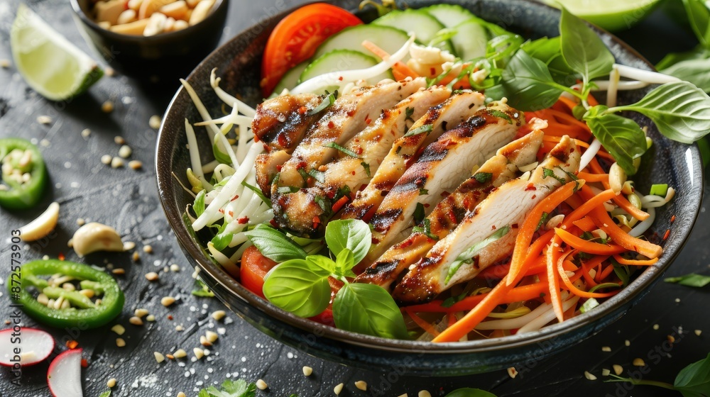 Wall mural clean and colorful thai papaya salad with grilled chicken breast, highlighting the freshness of the 