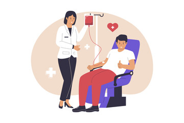 Character volunteers donating blood sitting in chairs. Illustration for websites, landing pages, mobile applications, posters and banners. Trendy flat vector illustration