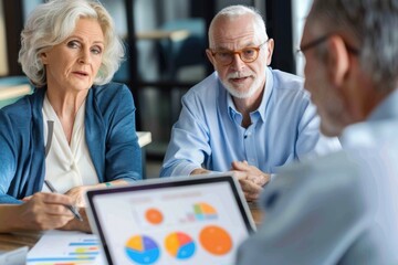 Couple and planner discussing retirement savings strategy, with colorful charts and graphs in the background.