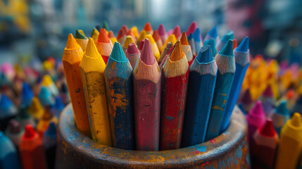 Obraz premium Colorful Close-Up of Worn Crayons in a Wooden Container