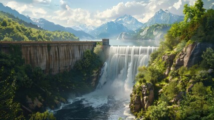 Fototapeta premium A large waterfall is flowing into a river. Generate AI