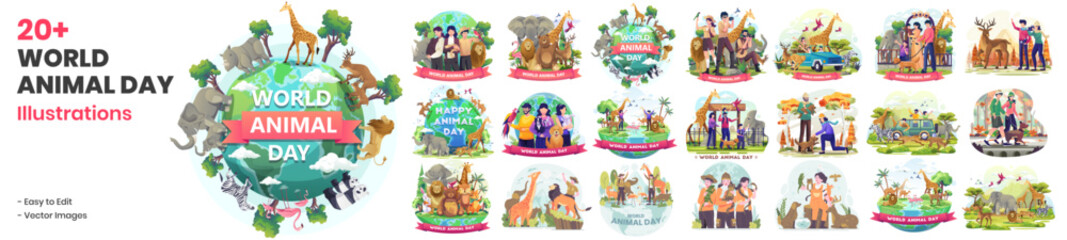Mega Collection of World Animal Day Illustration. Wildlife Day, Animals on the Planet, Animals Around the World With Zoo Keeper. Happy Animal Day Flat Vector Illustration