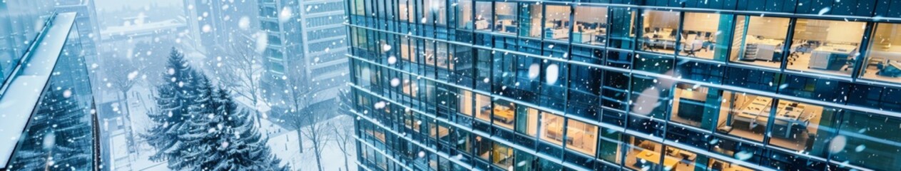 Obraz premium Aerial Winter Snow Scene Featuring Modern Sustainable Green Buildings with Glass Office Towers and Trees Reducing Heat and CO2 in a City, Perfect for Labor Day and World Environment Day, AI-Generated,