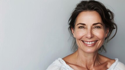 Middle-aged woman with a friendly smile, half-body shot against a solid light grey background, with copy space on the right side