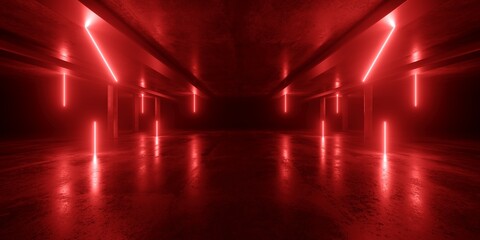 Cyber Retro Sci Fi Futuristic Neon Glowing Deep Red Vibrant Glowing Ceiling Lights Barn Warehouse Metal Cement Night Studio Hangar 3D Rendering