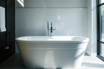 Fototapeta premium Contemporary bathroom with a freestanding tub, modern fixtures, and minimalist design