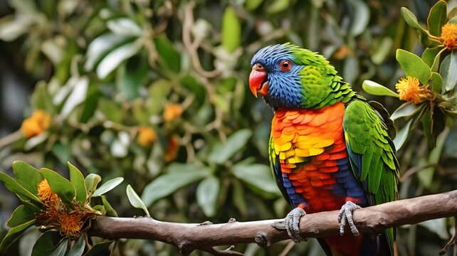 A Rainbow Lorikeet is perched on a tree branch with lots of green leaves, contrasting with the color of its wings