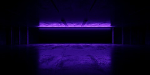 Cyber Retro Sci Fi Futuristic Neon Glowing Violet Vibrant Glowing Ceiling Lights Barn Warehouse Metal Cement Night Studio Hangar 3D Rendering