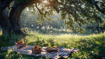 A large tree with a picnic table under it. Generate AI